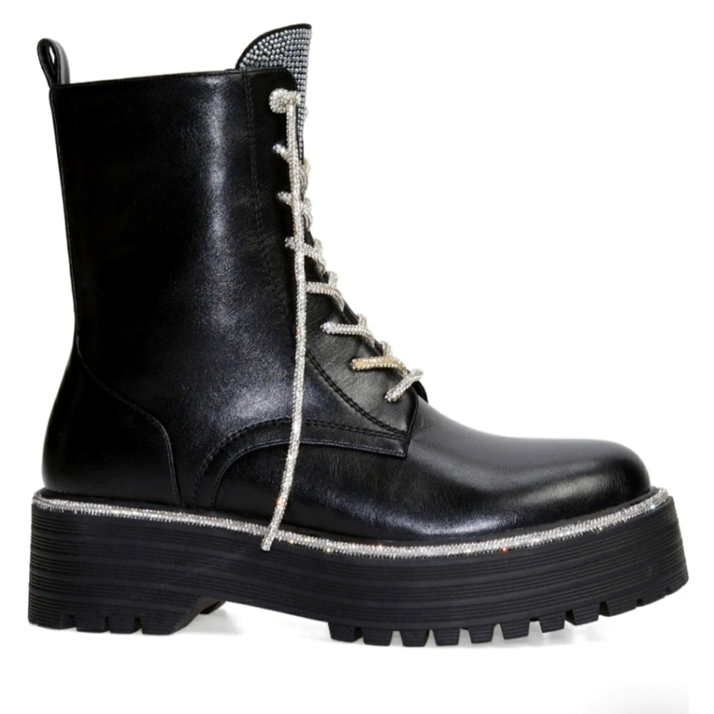 Azelea Wang Black Attentive Silver Bling Combat Boots NIB 7 RHINESTONE GOTH PUNK